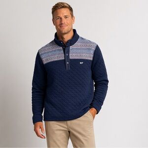 Vineyard Vines Navy Fair Isle Quilted Pullover with Snap Closure Size L